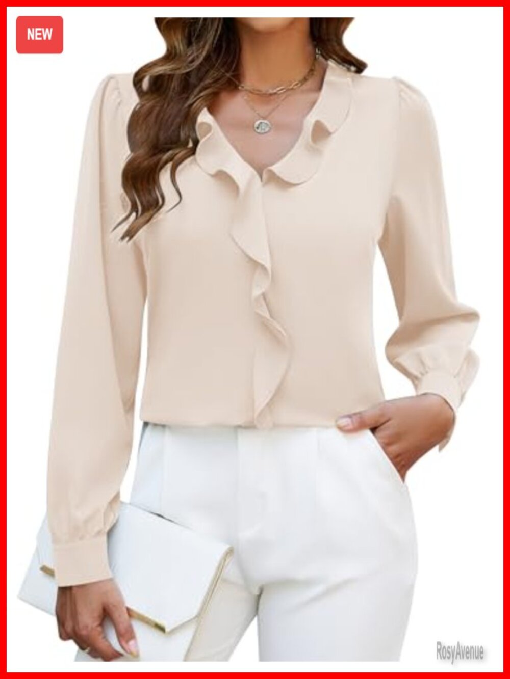 Women's Long Sleeve Ruffle V-Neck Business Casual Blouse